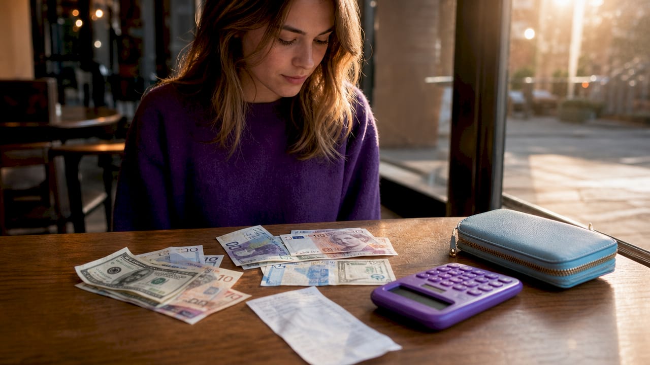 Overhead shot of travel money and currency exchange tools