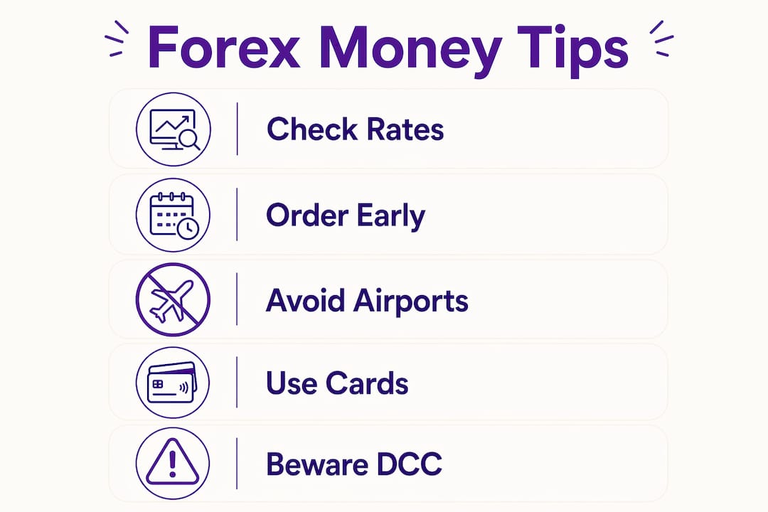 Infographic outlining five steps to save money on forex