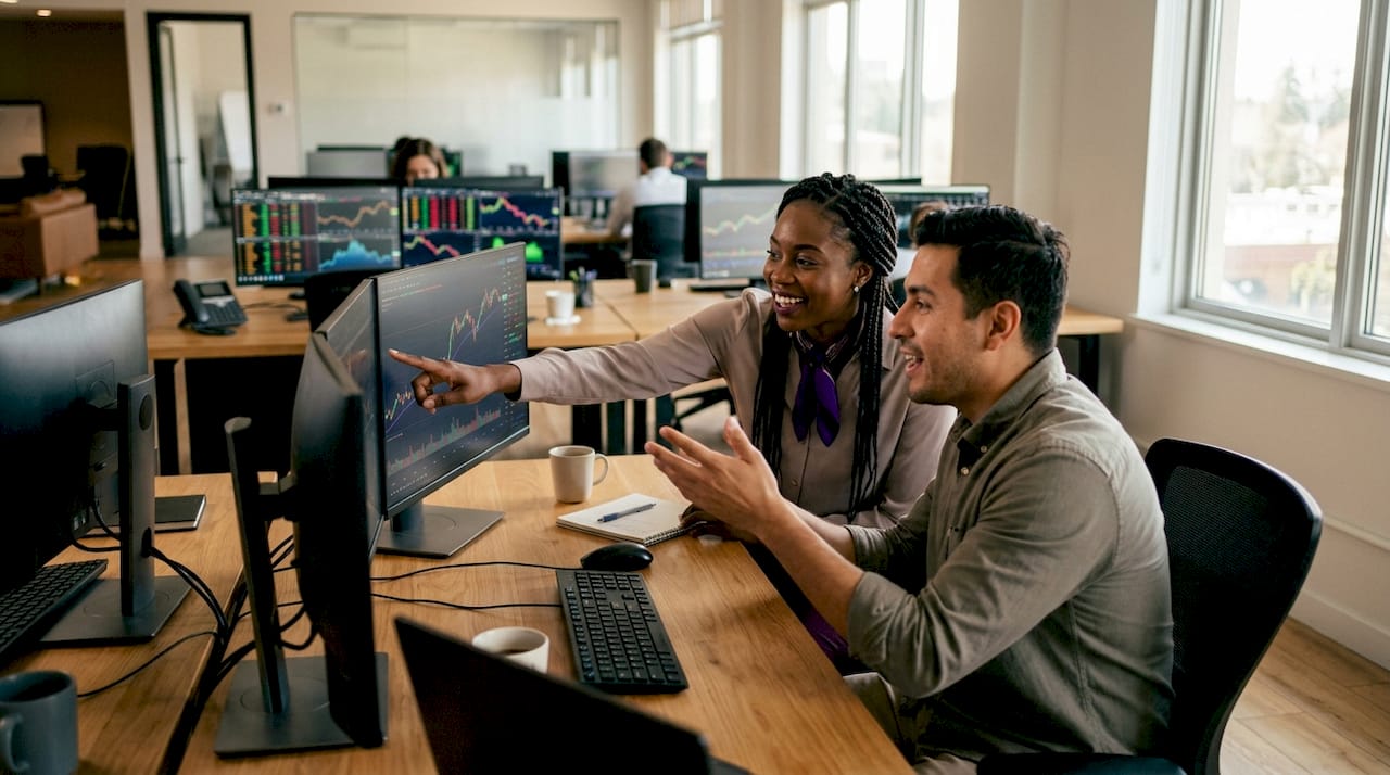 Hands pointing at forex trading screens in office