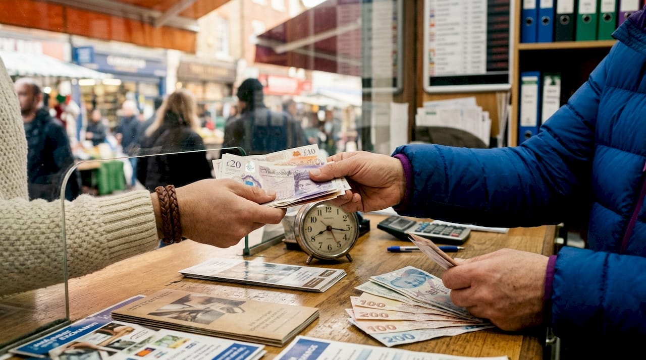 Hands exchanging British pounds for Turkish Lira at bureau