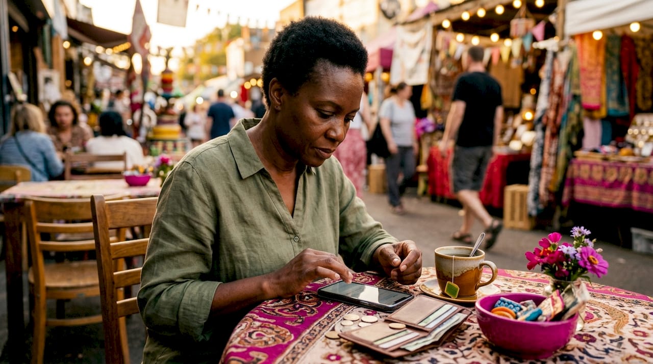 Hands using digital wallet on smartphone in café
