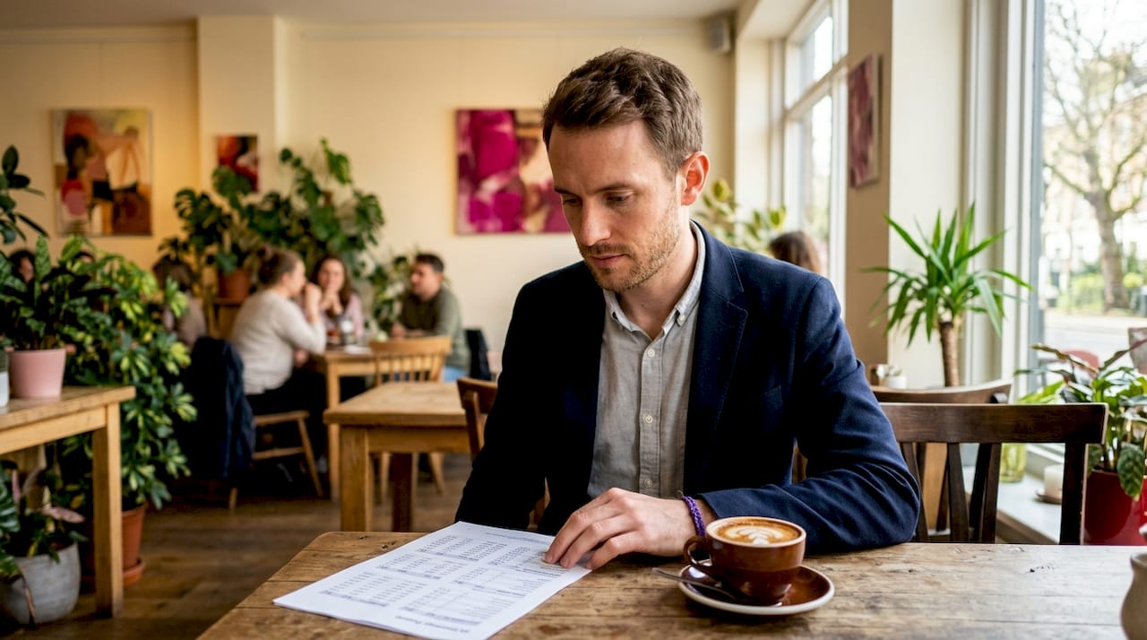 Man reviewing currency exchange data printouts