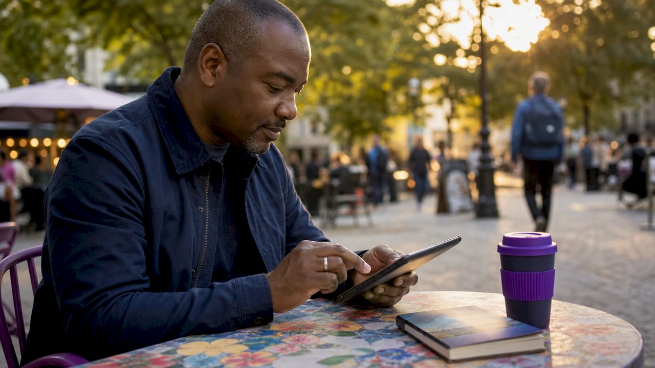 Hands buying UK Railcard on tablet in library