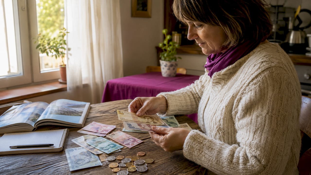 Hands sorting local currency banknotes and coins