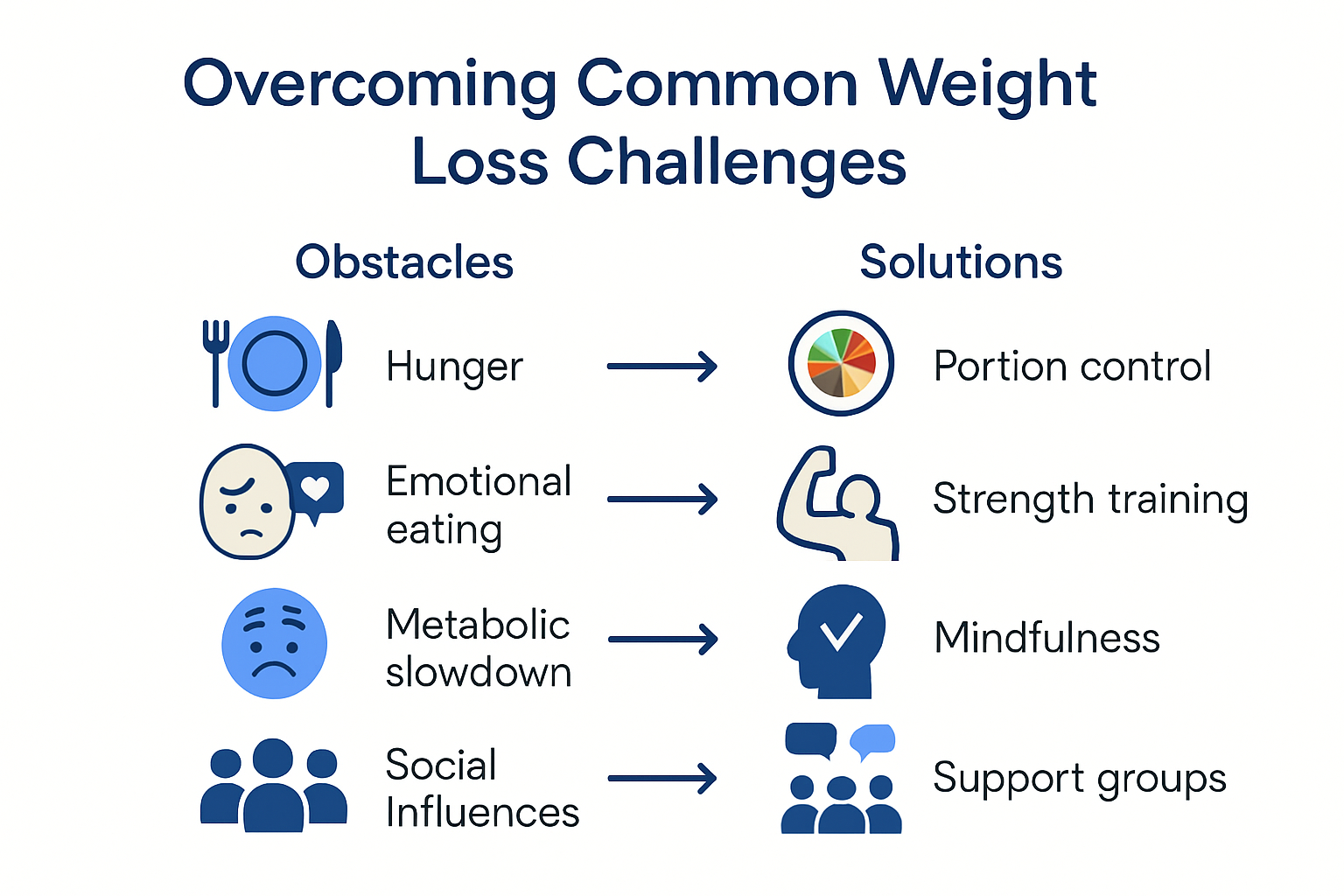 Infographic with obstacles and solutions for healthy weight loss