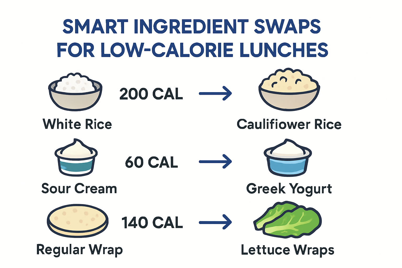 Infographic showing ingredient swaps for lower calorie lunches