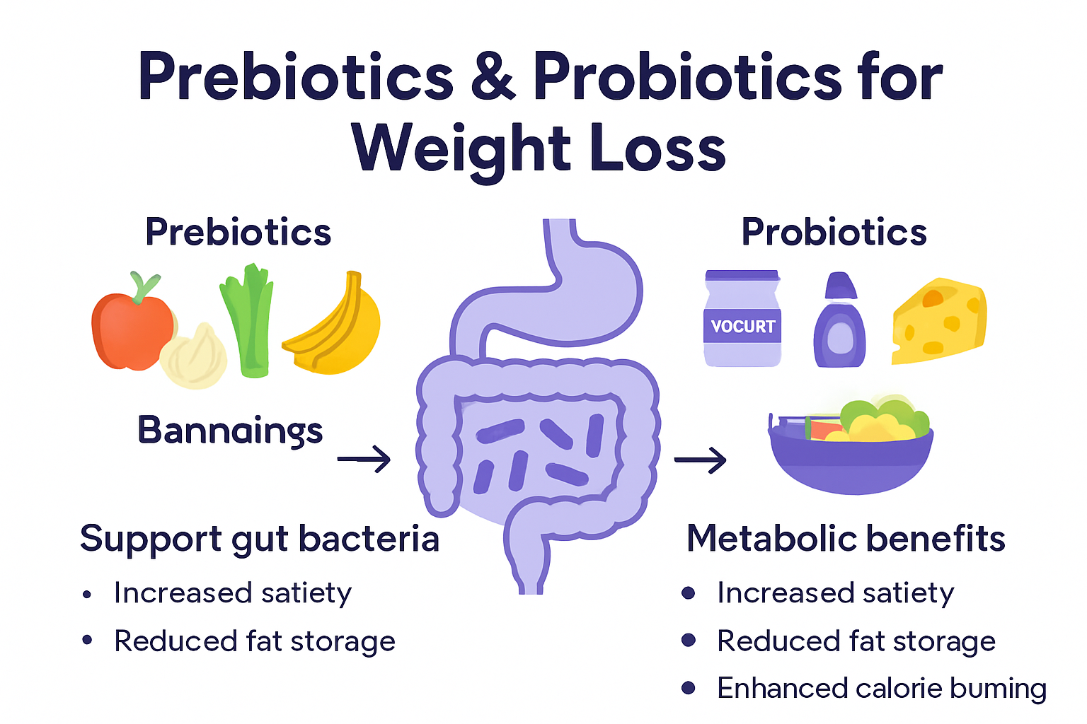 Infographic explaining prebiotics, probiotics, and their gut health impacts