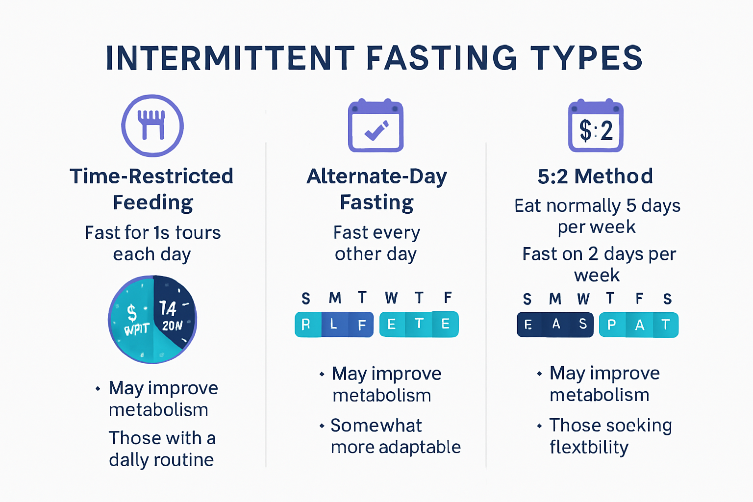 Comparative infographic of intermittent fasting methods and benefits