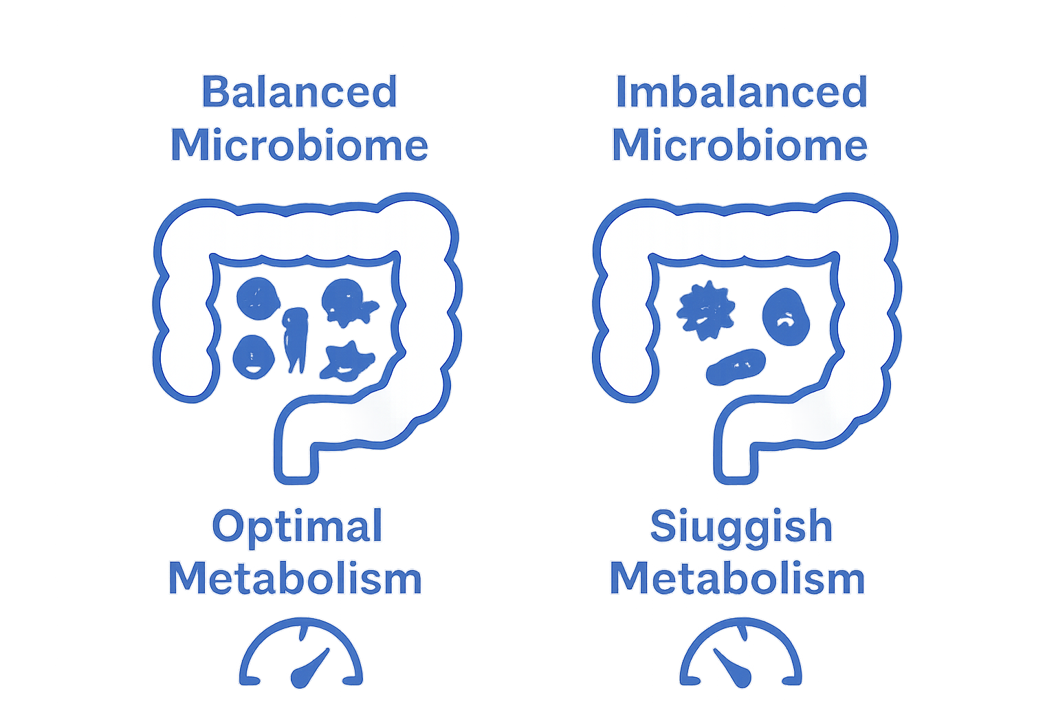 Infographic comparing balanced and imbalanced gut microbiomes and their effect on metabolism