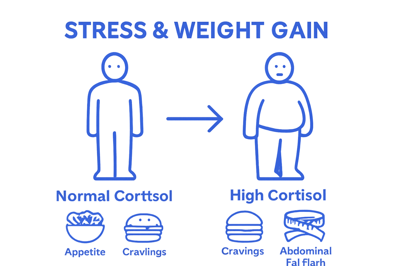 Infographic showing cortisol increase leading to cravings and central fat gain
