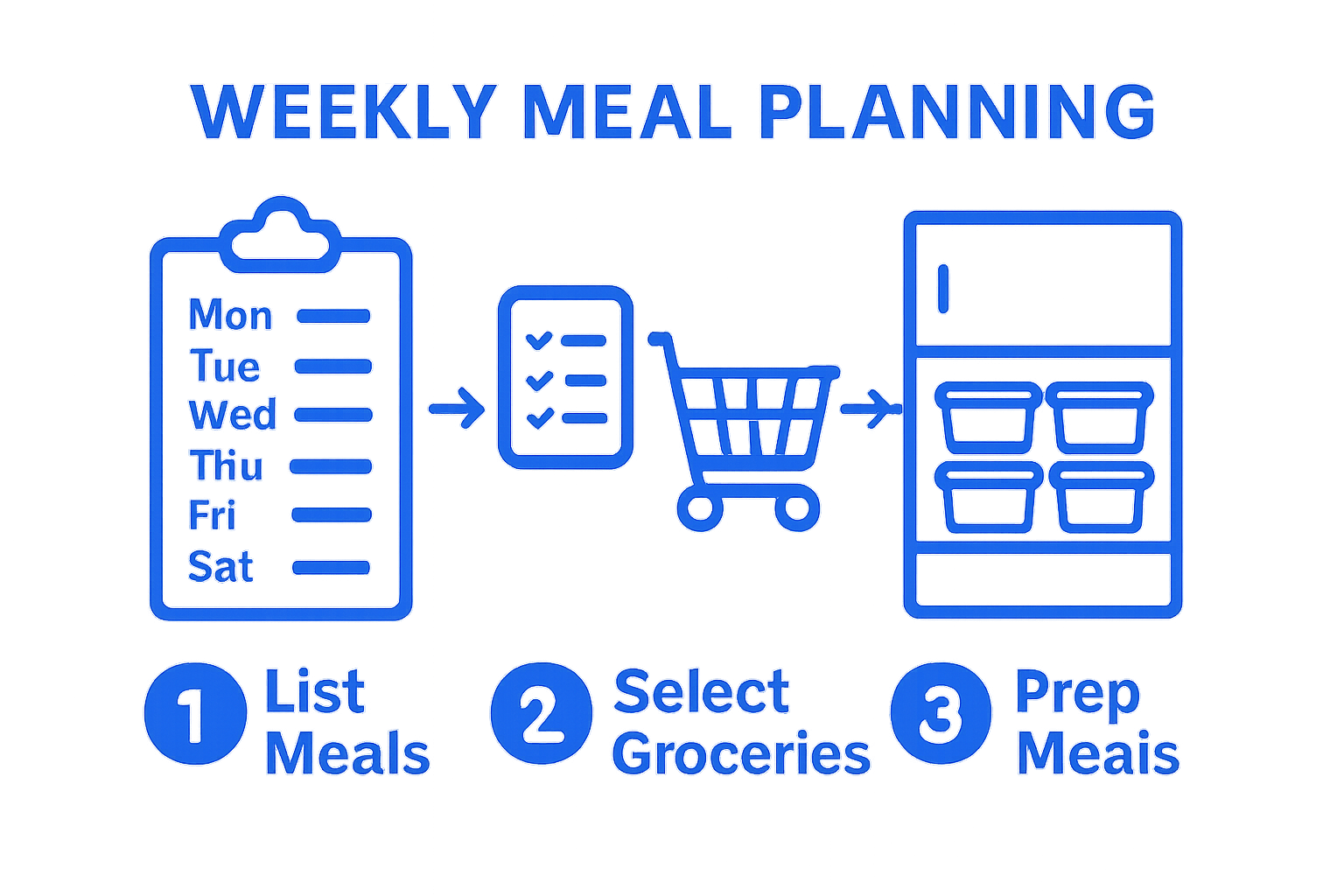 Infographic showing 3 steps: plan, shop, prep meals.