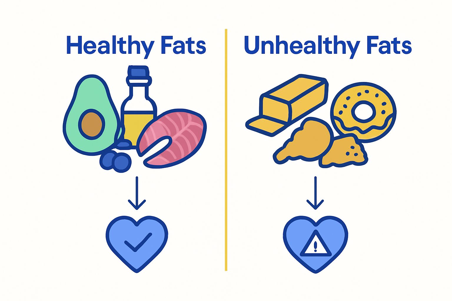 Comparison of healthy vs unhealthy fats using food and heart icons