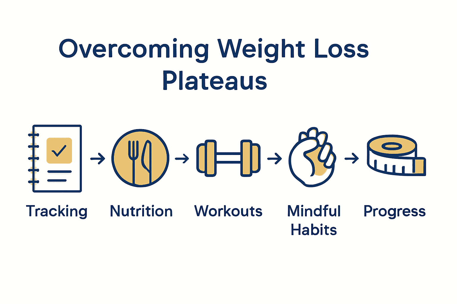 Infographic showing five steps to overcome weight loss plateaus: tracking, nutrition, exercise, habits, and progress.