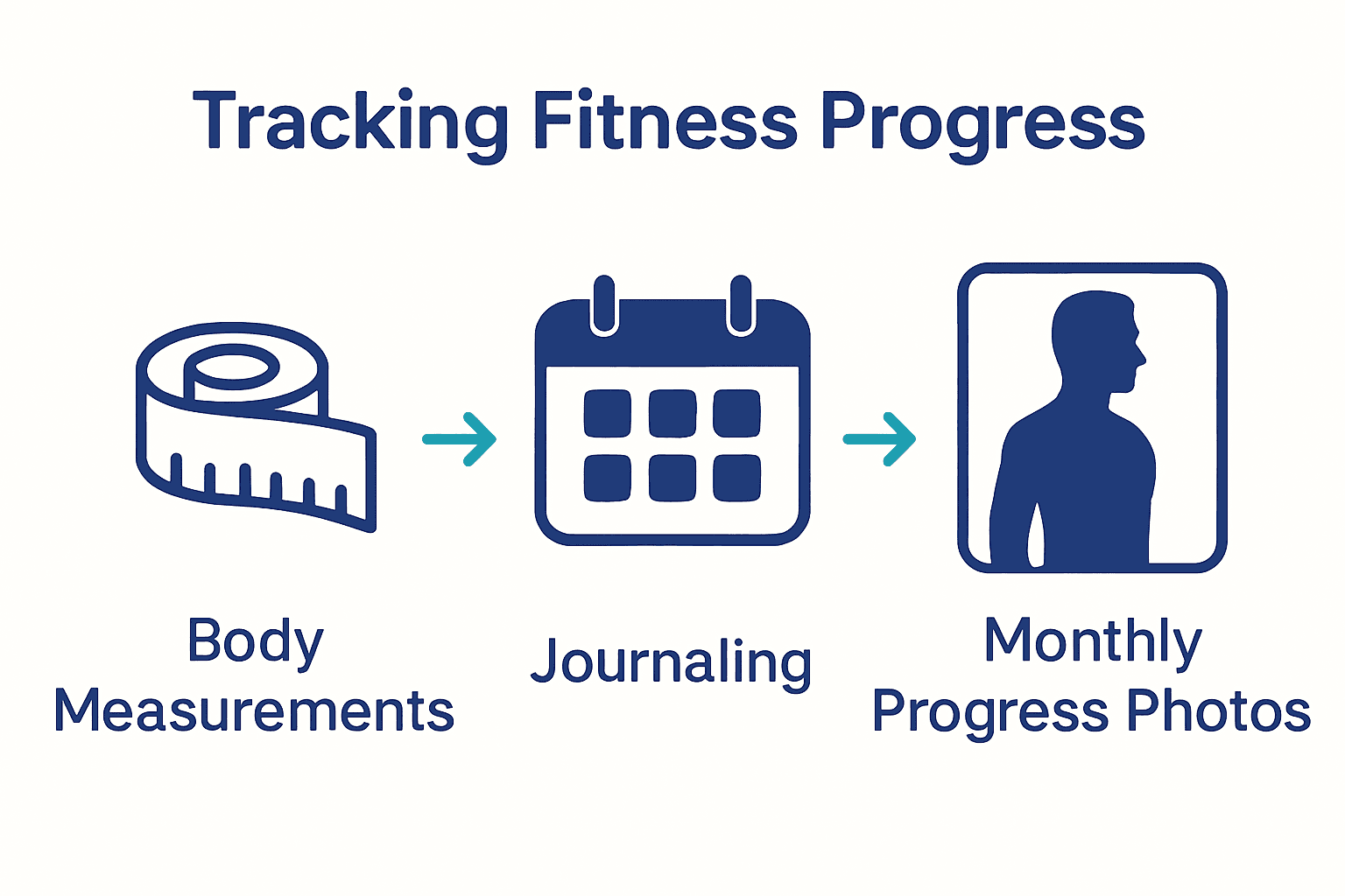 Infographic with tape measure, calendar, and photo icons to illustrate tracking fitness progress at home.