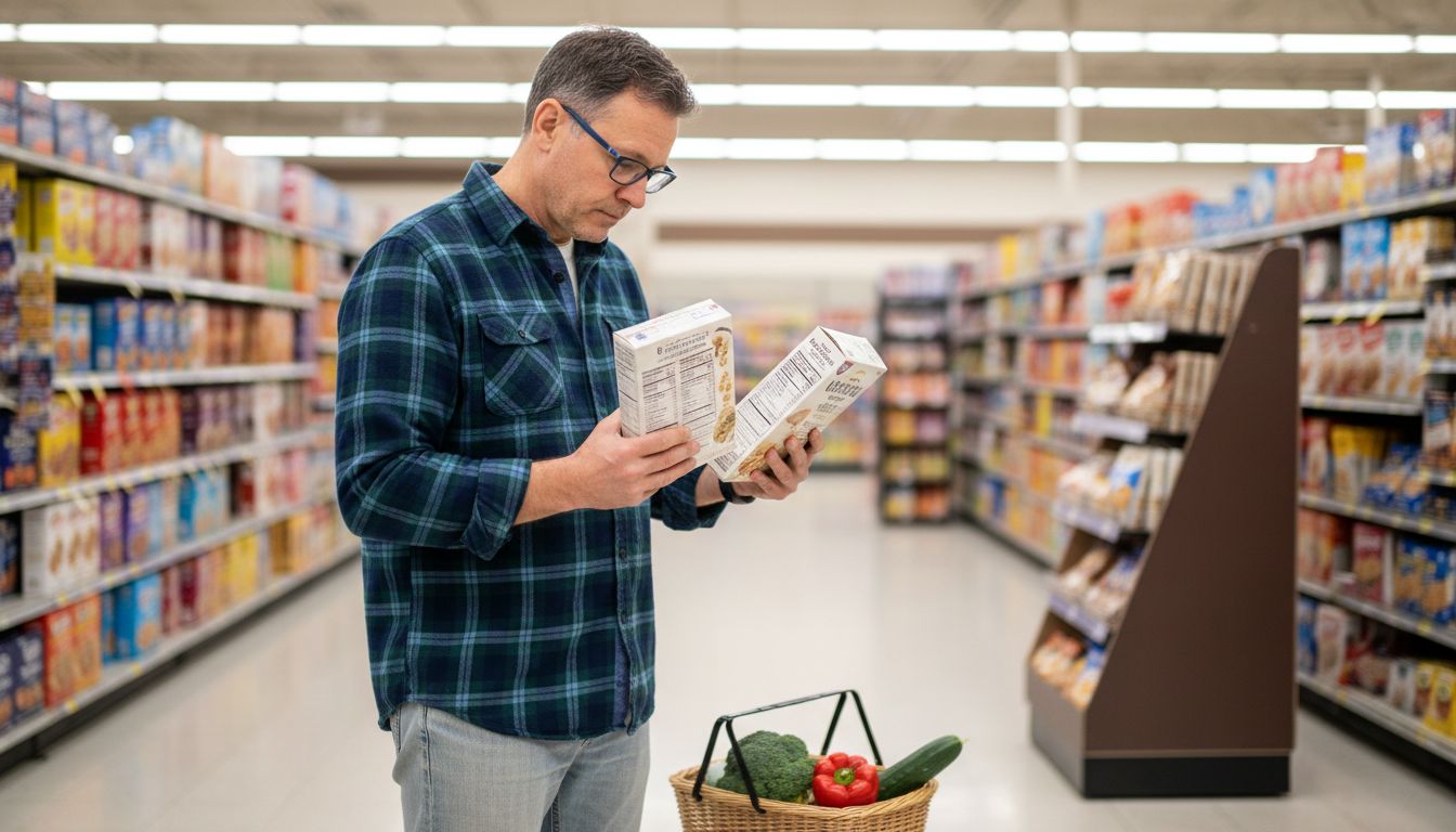 Shopper reading nutrition labels in store
