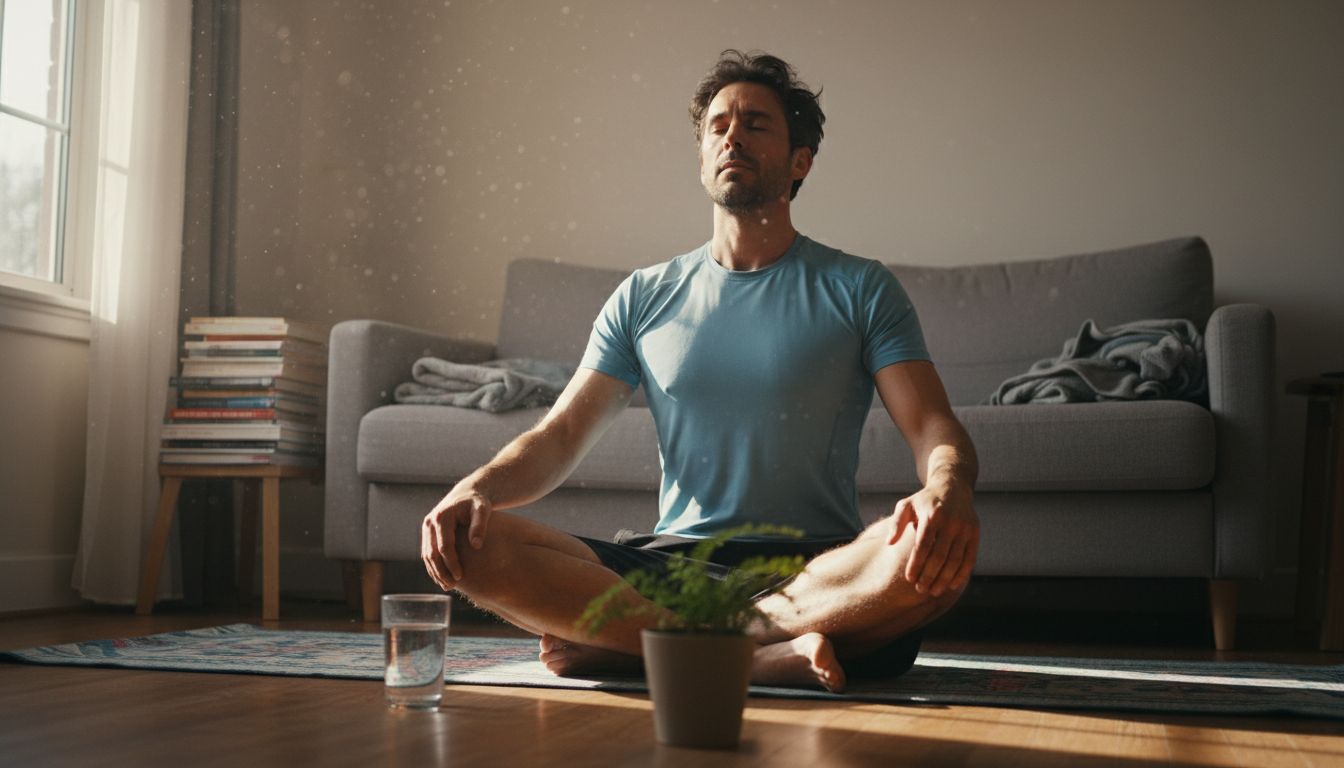 Hombre practicando respiración profunda en hogar
