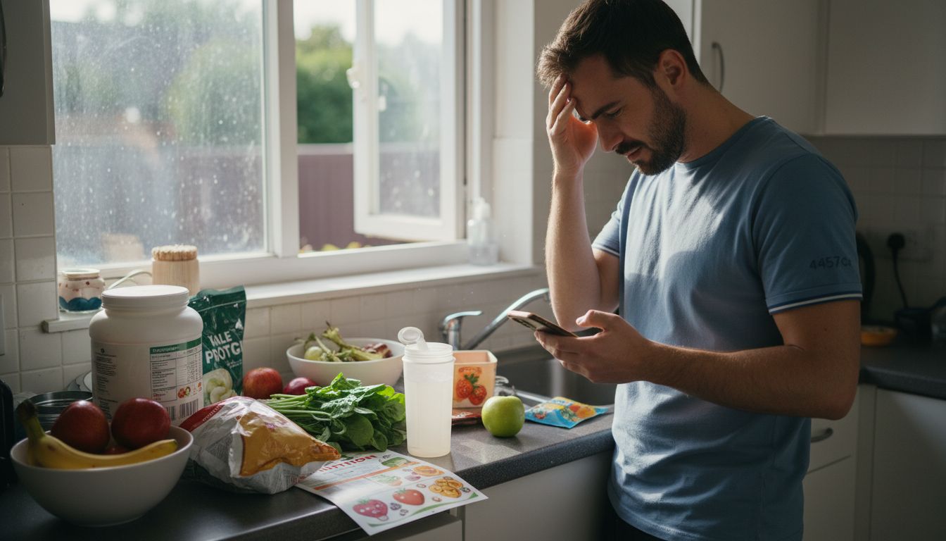 Frustrated person surrounded by diet products