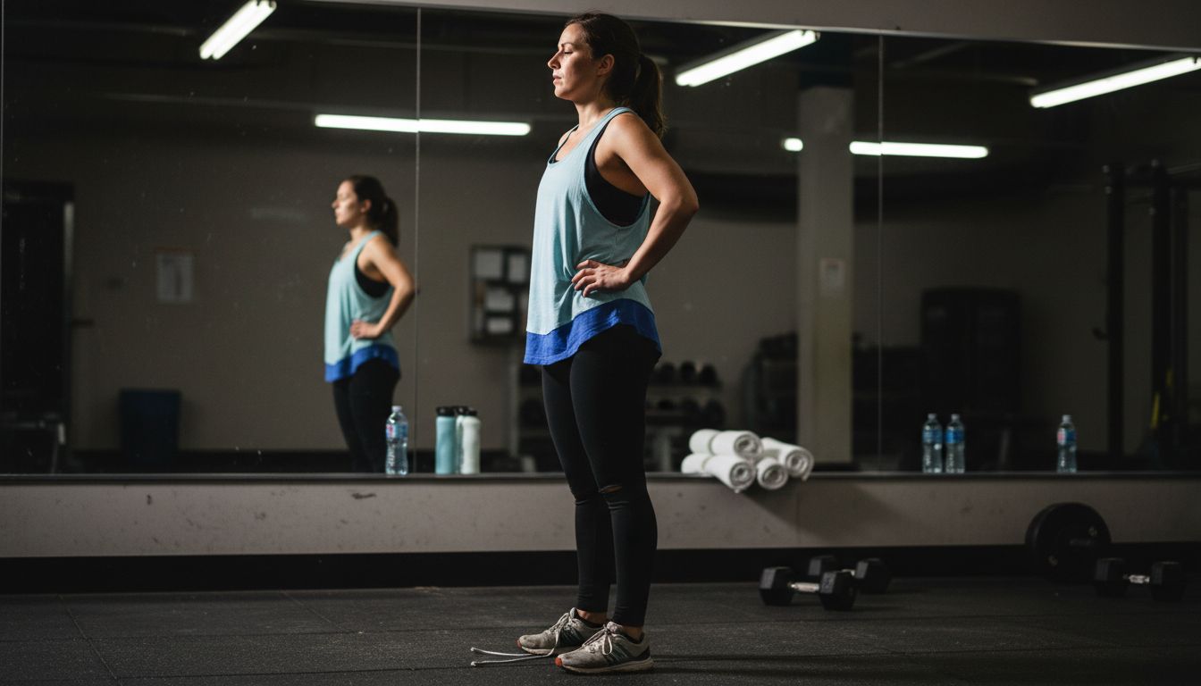 Woman pausing in gym by mirror