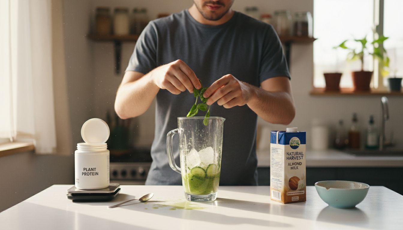 Man blending smoothie with fresh ingredients
