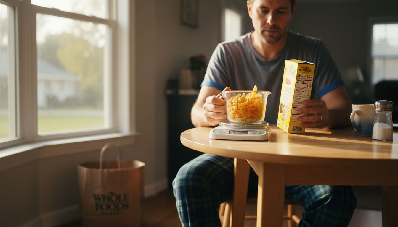 Man measuring pasta portion at table