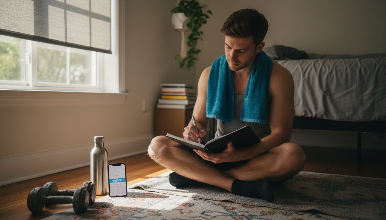 Man planning workout in bedroom on yoga mat