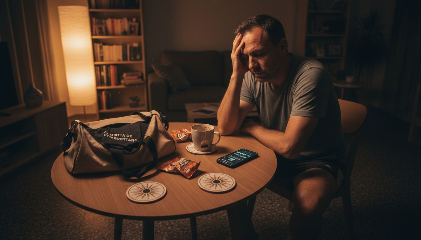 Un hombre agotado revisa sus datos de entrenamiento a altas horas de la noche.