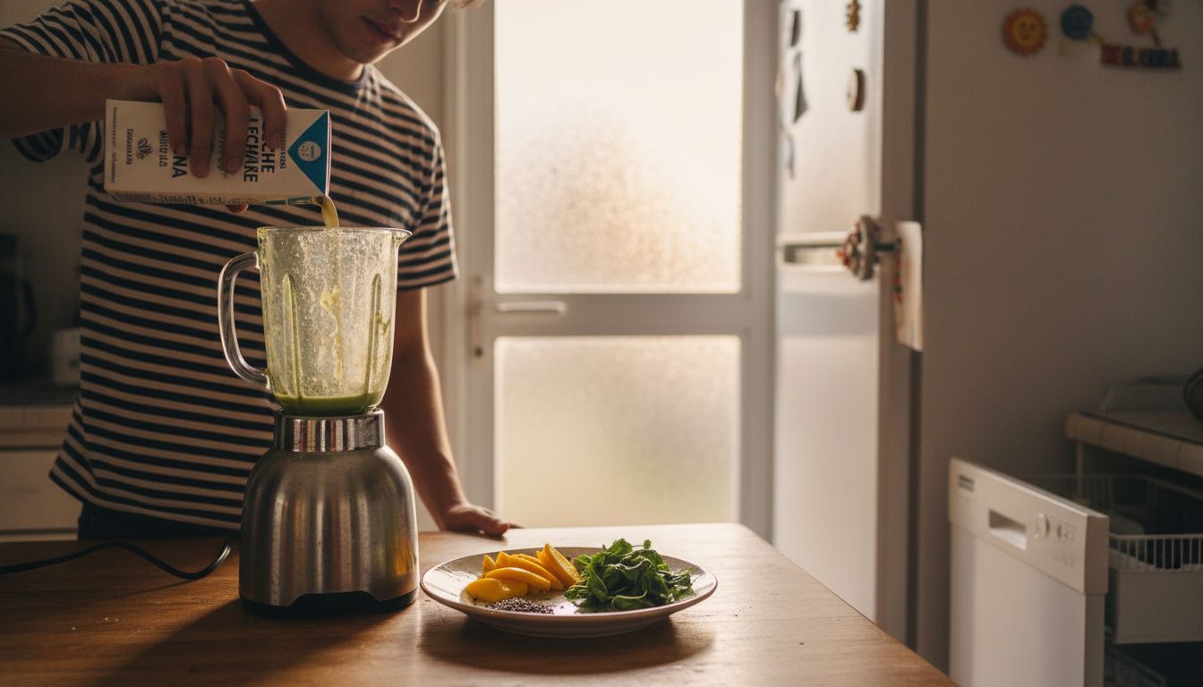 Un hombre añade leche de avena a la licuadora para preparar un batido.