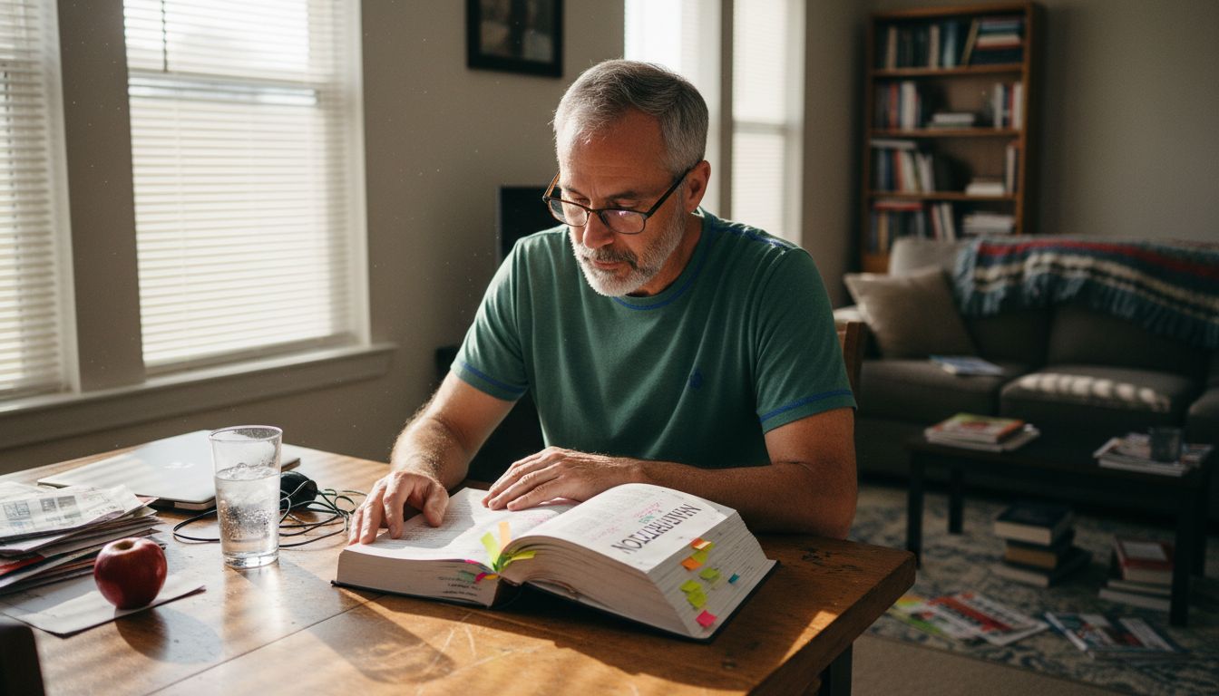 Man reading nutrition guide at cluttered table