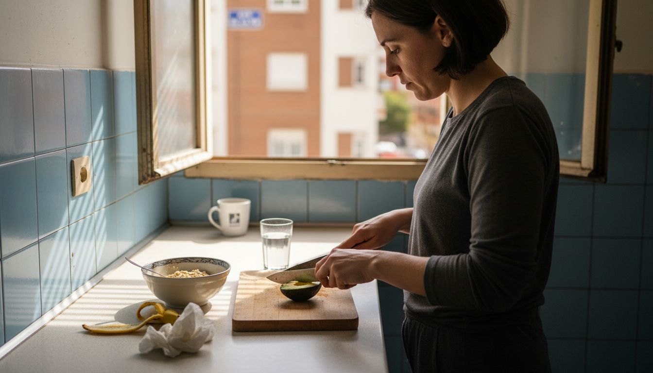 Preparar desayunos saludables en una cocina llena de productos frescos y naturales
