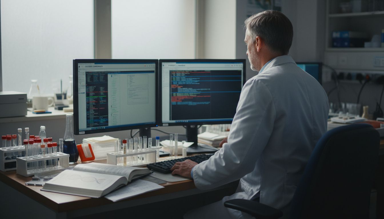 Scientist reviewing genetic data at workstation