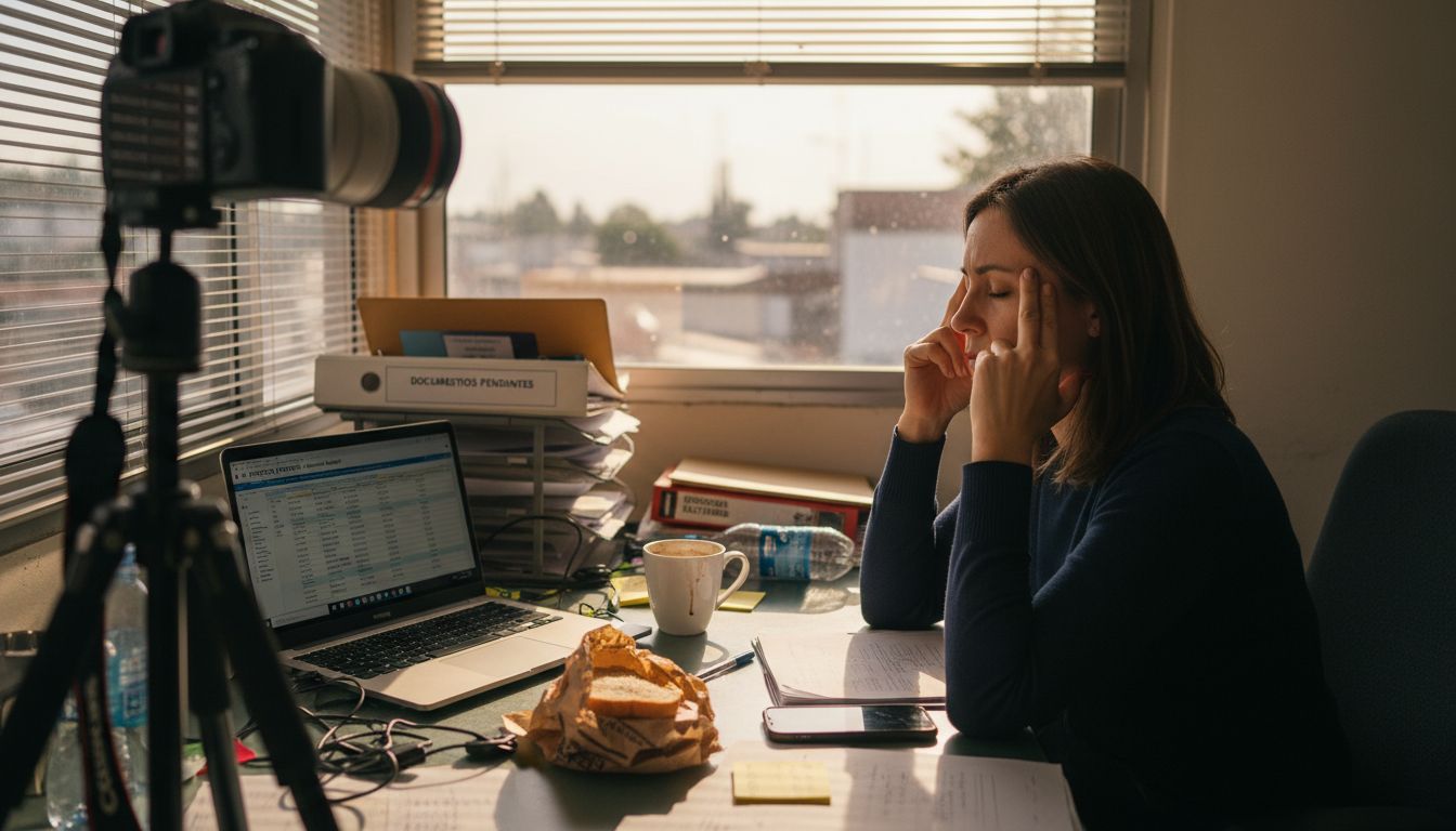 Mujer agobiada rodeada de papeles y desorden en su escritorio de trabajo
