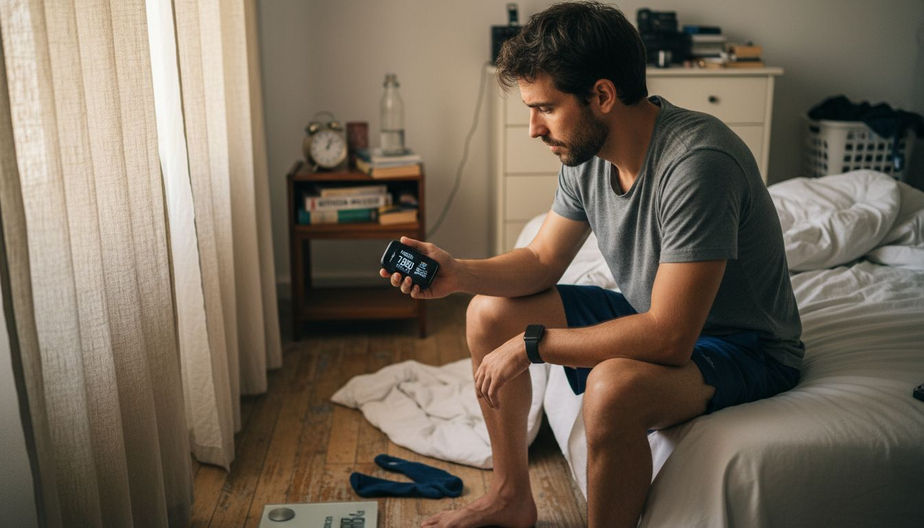 Un chico observa la báscula digital con gesto de fastidio.