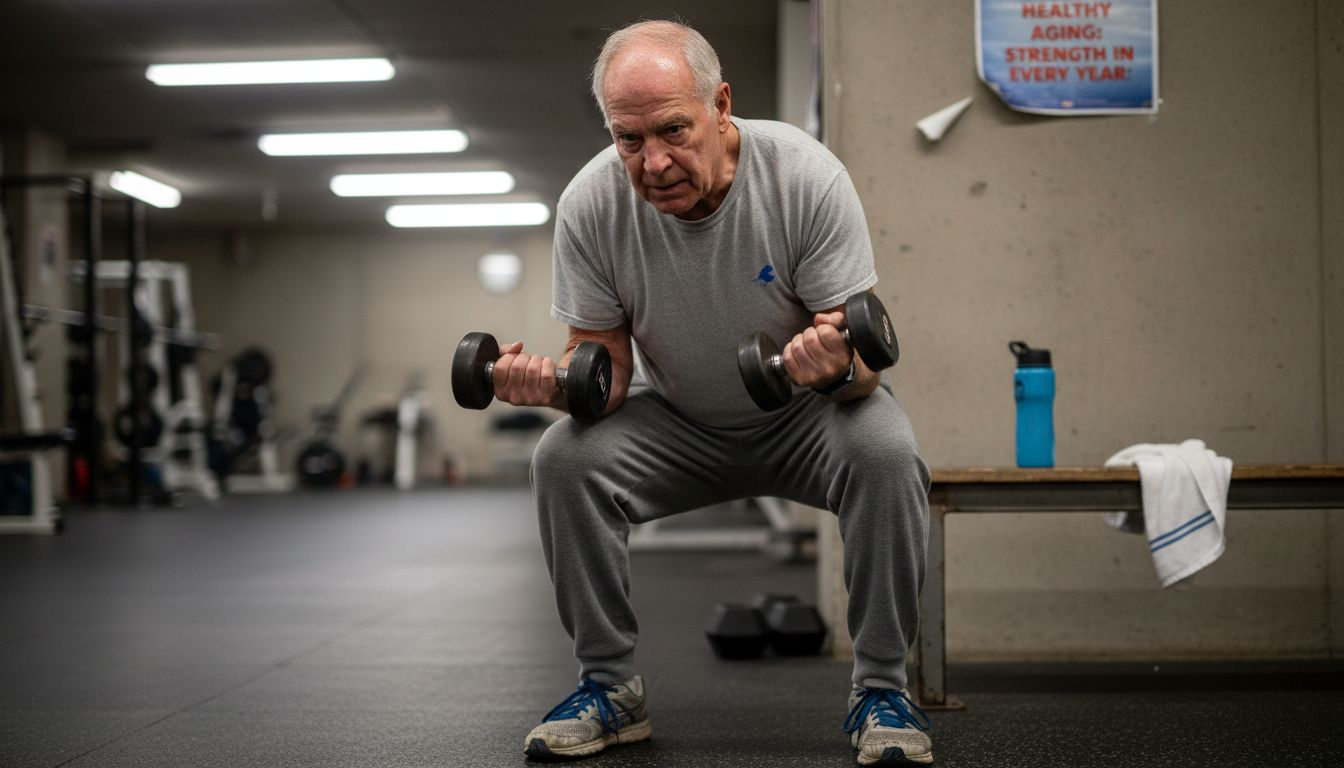 Older man lifting weights in gym