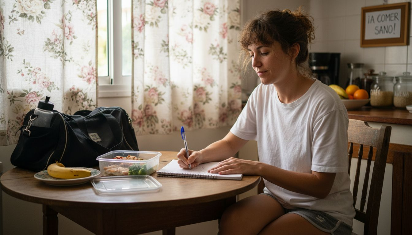 Mujer organizando un menú saludable en la cocina