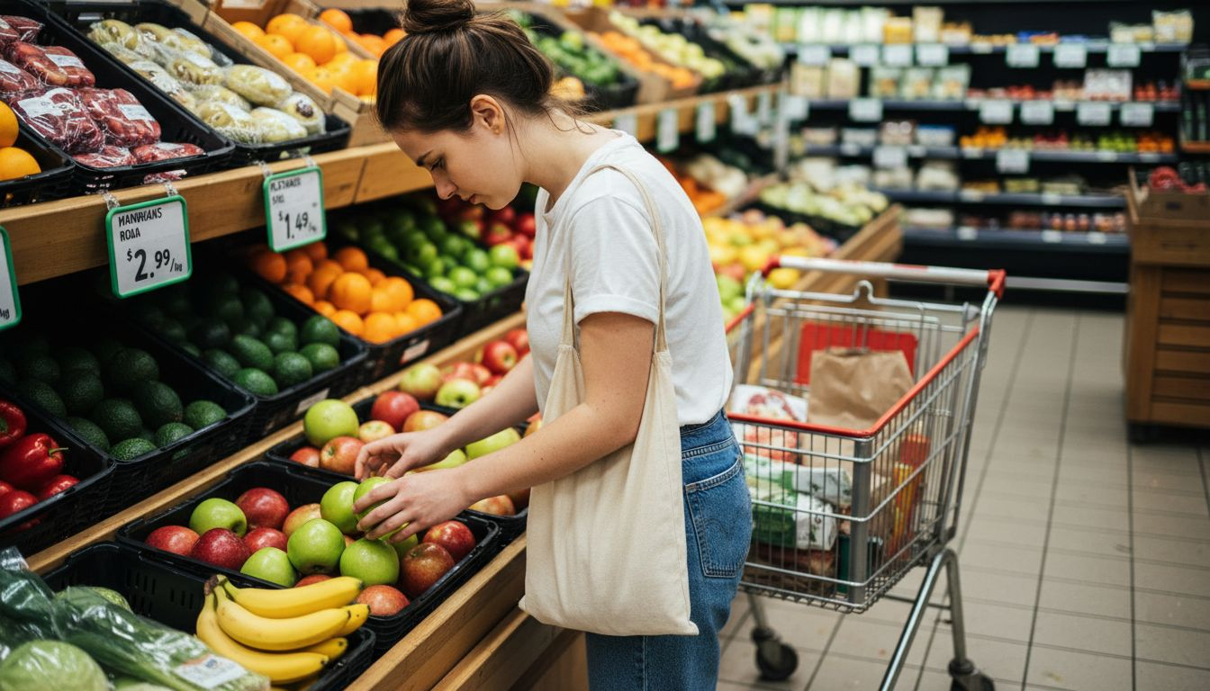 Una mujer selecciona frutas frescas en el supermercado.