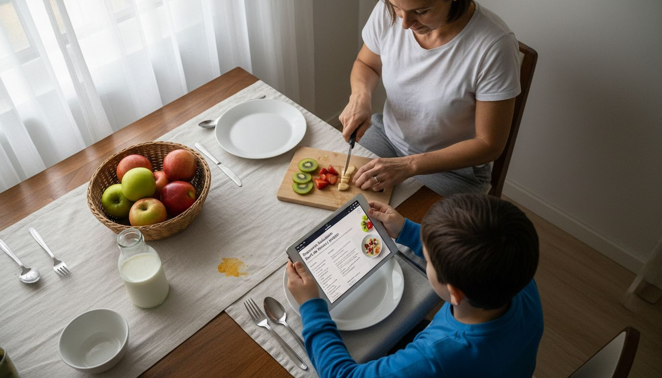 Madre e hijo cocinando juntos una comida sana
