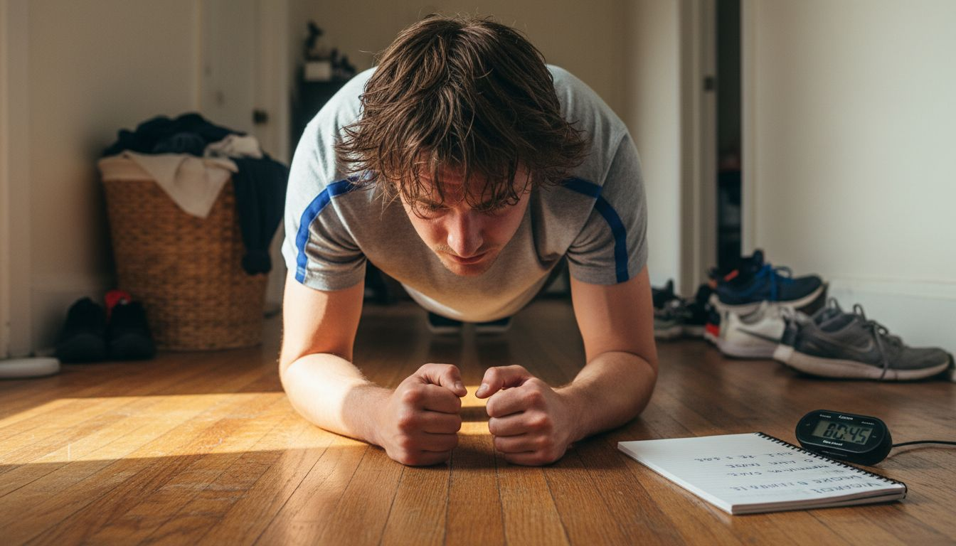 Man doing plank for bodyweight exercise at home