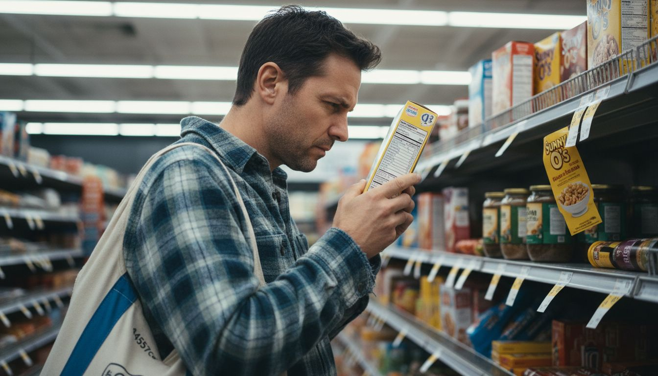 Man reading food label in grocery aisle