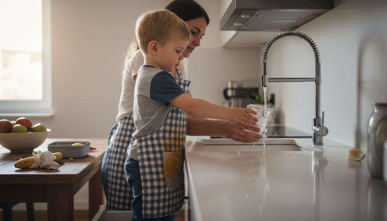 Una mamá y su hijo llenando vasos de agua juntos en la cocina.