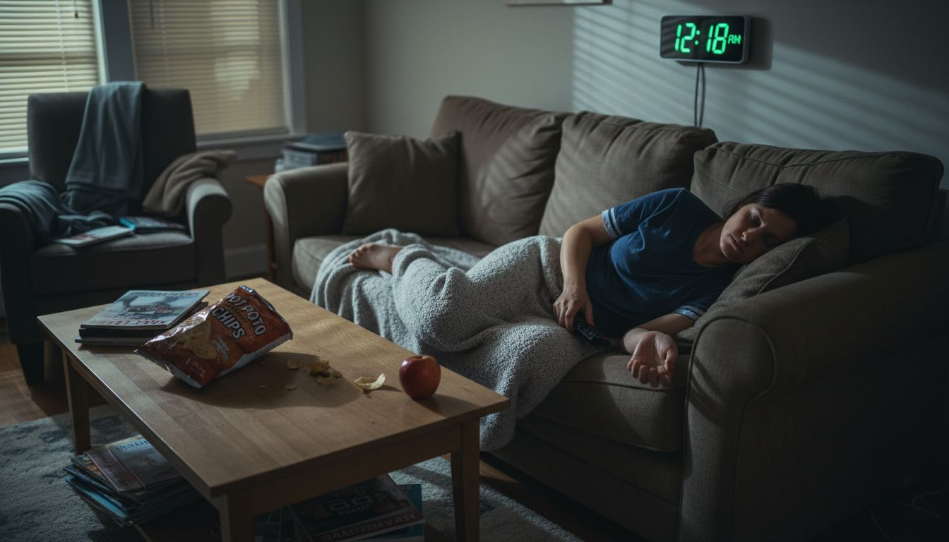 Woman asleep on sofa with late snacks nearby