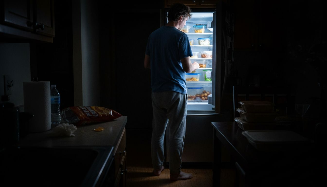 Man getting midnight snack in dim kitchen