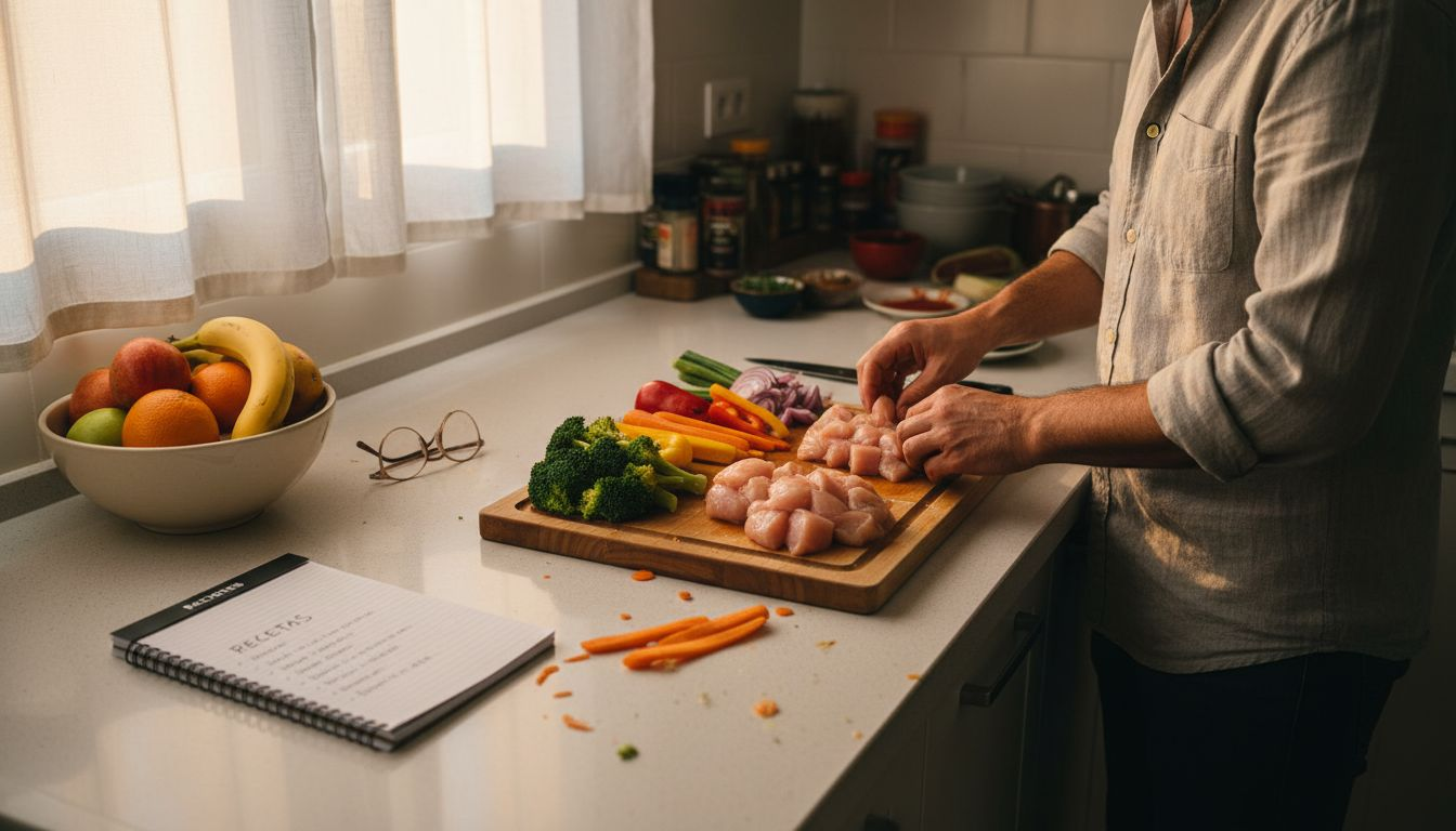 Hombre organizando un menú saludable en la cocina de su casa