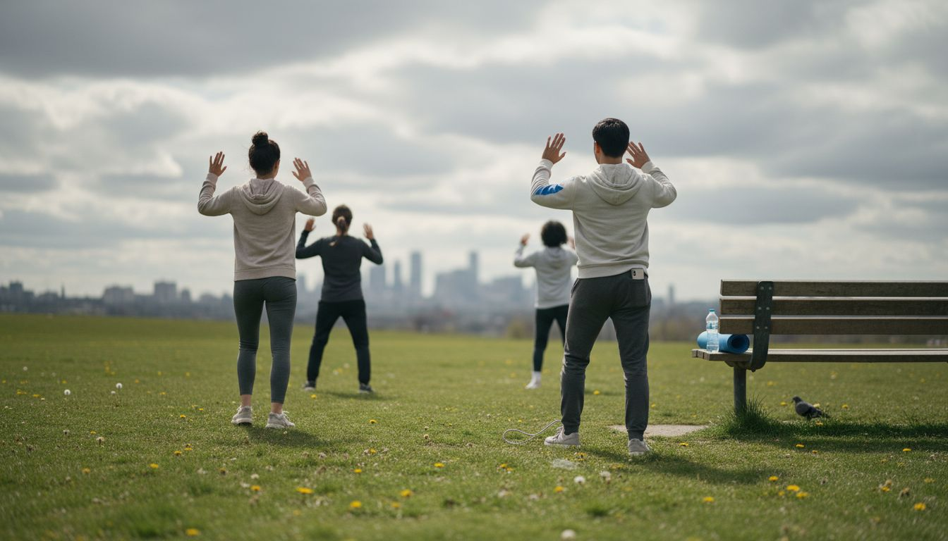Group practicing tai chi in city park