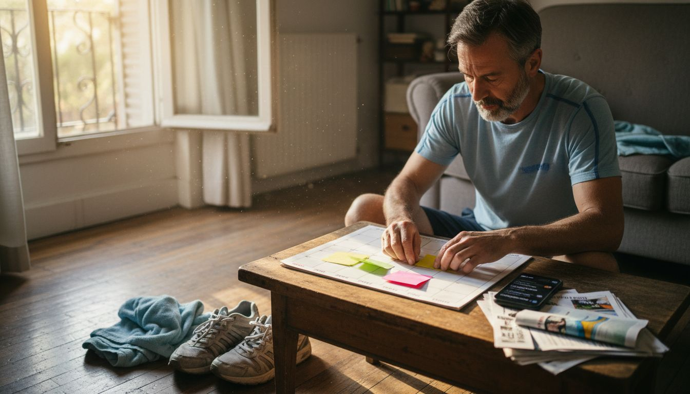 Man planning beginner workout schedule at home