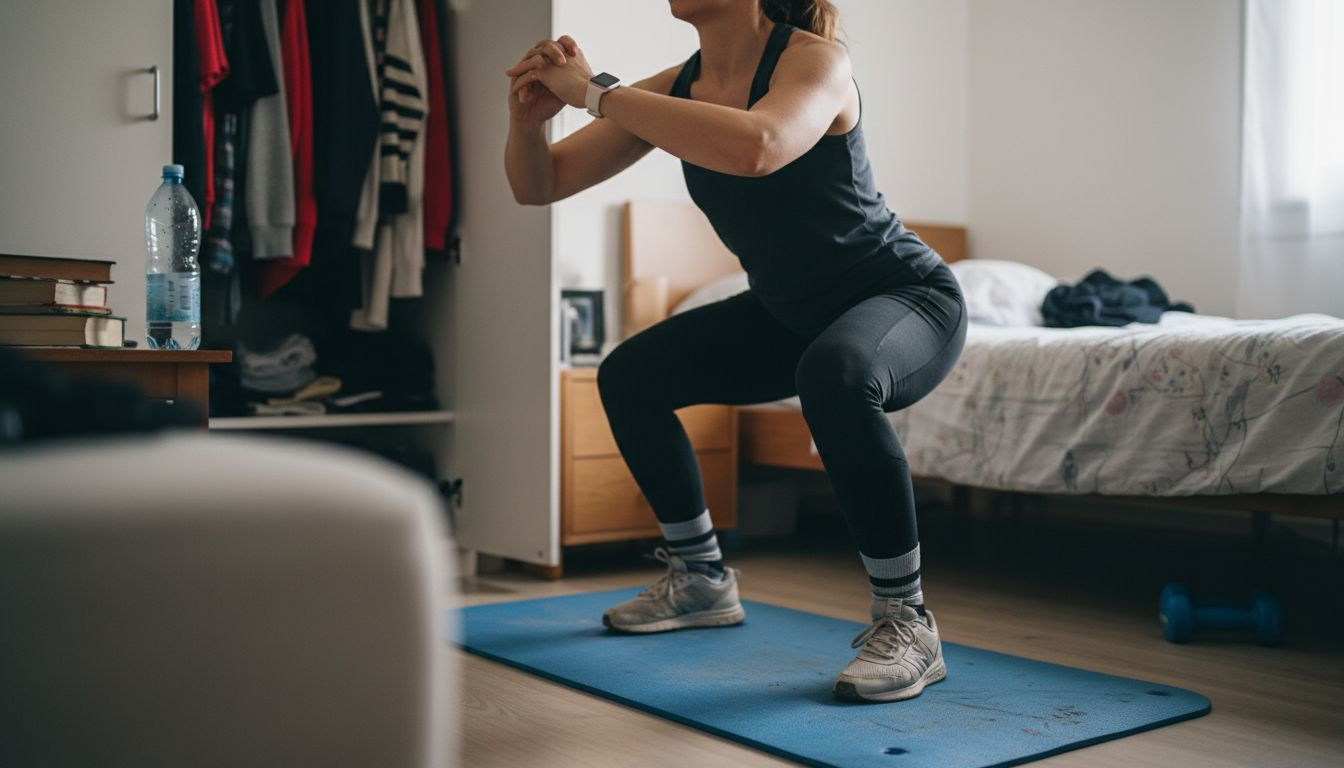 Una mujer aprovecha el espacio de su habitación y realiza sentadillas al lado de su cama.