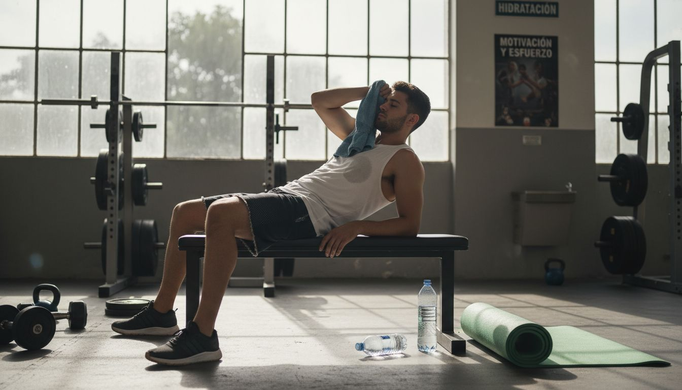 Hombre tomando un descanso en el gimnasio después de levantar pesas.