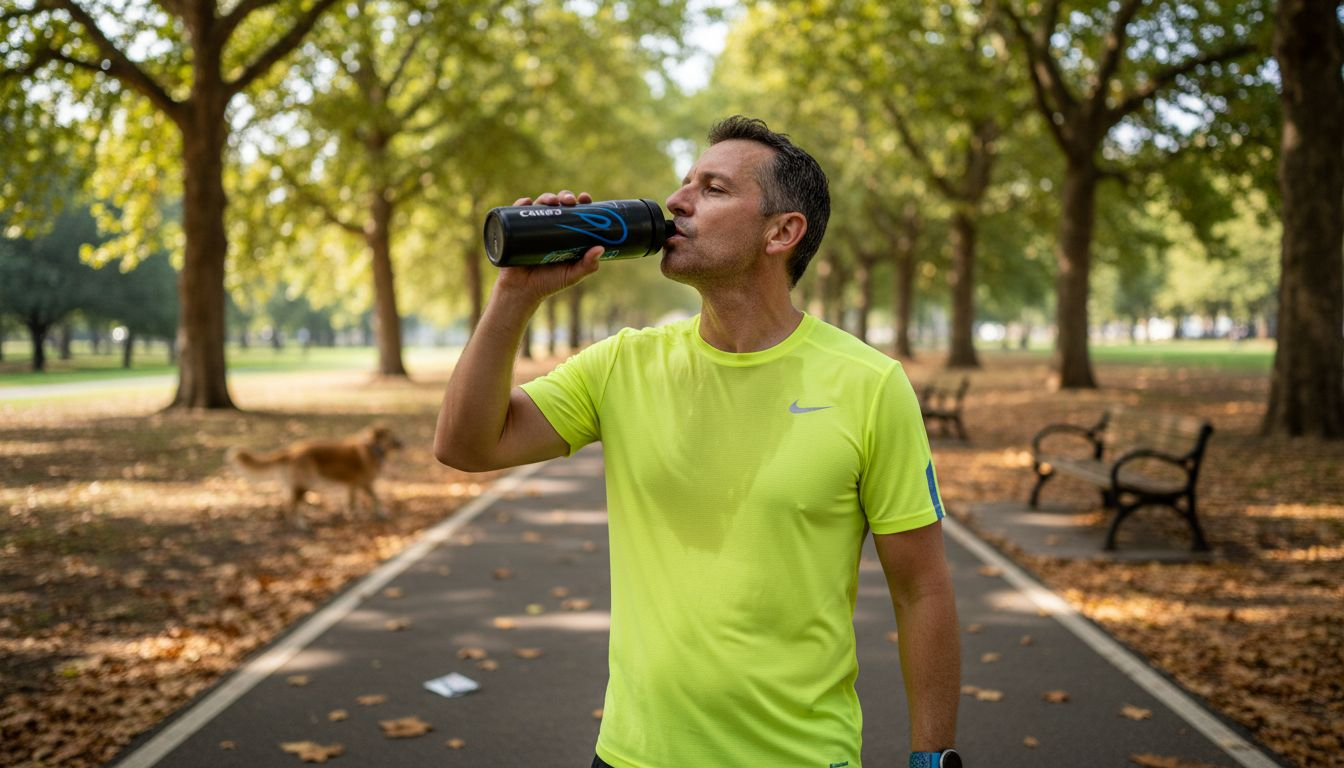 Runner hydrating in sunny city park