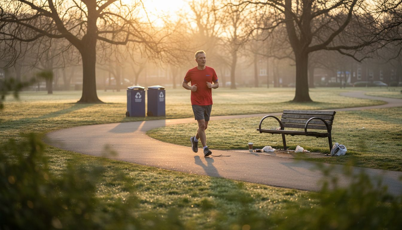 Man jogging on park path at sunrise