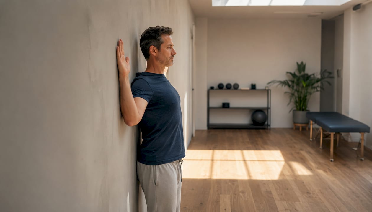 Man performing wall slide exercise against wall
