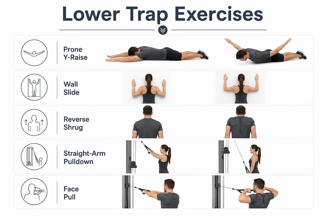 Infographic showing key lower trapezius exercises step-by-step